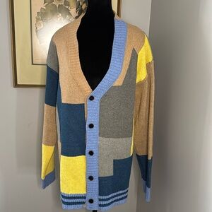 Amazon Colorblock Cardigan Sweater - Blue, Yellow, Gray, Tan